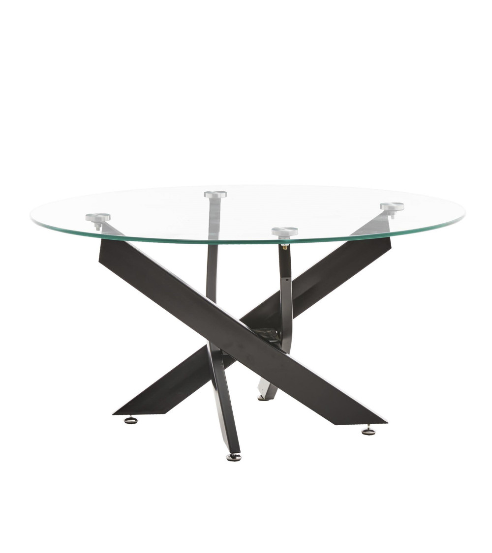 Mesa centro de cristal redonda DAN con patas cruzadas