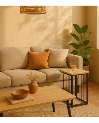 Mesa Auxiliar Aruba – Roble y metal negro, diseño compacto