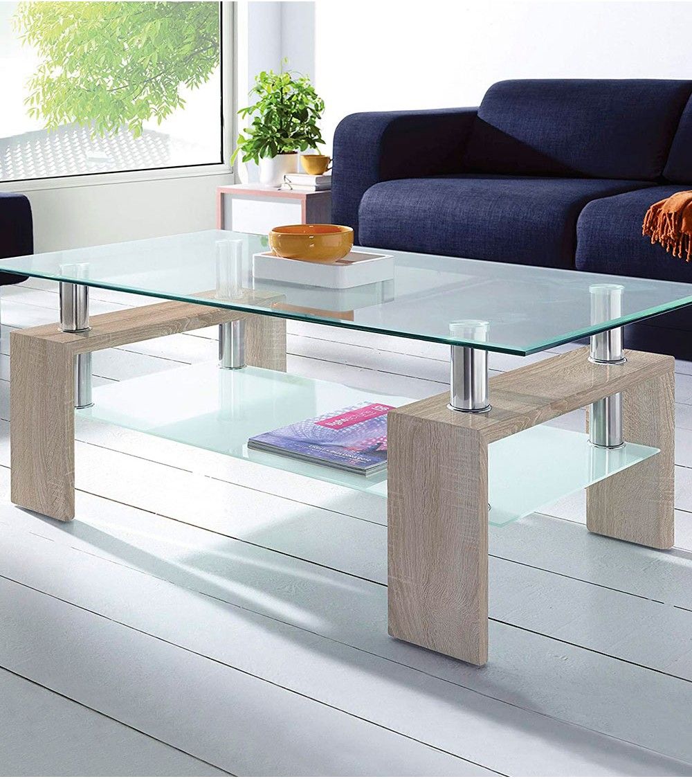 Mesa de centro Kendra - Mesa de centro de cristal y madera