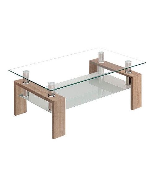 Mesa de centro Kendra - Mesa de centro de cristal y madera