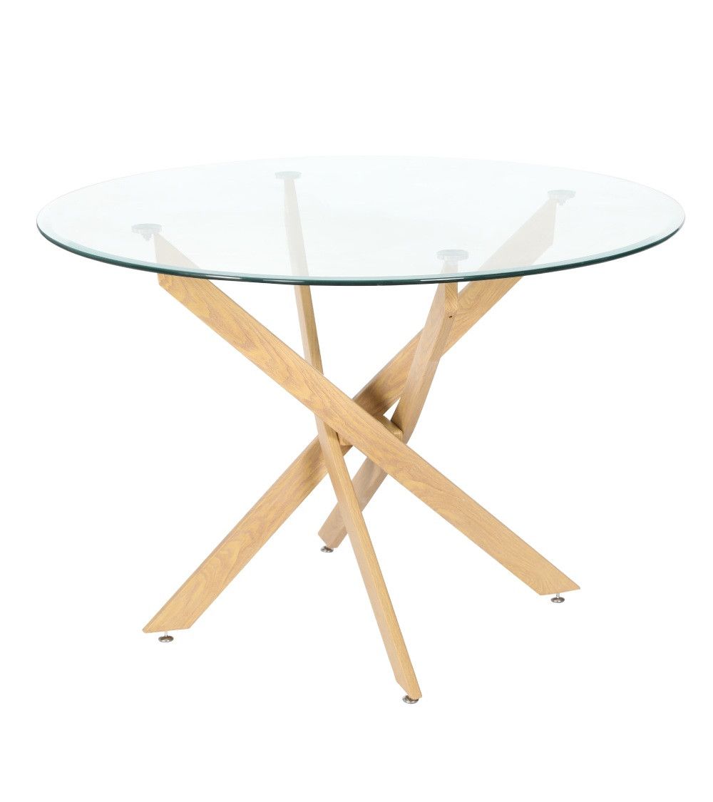 Mesa comedor redonda de cristal DAN patas cruzadas