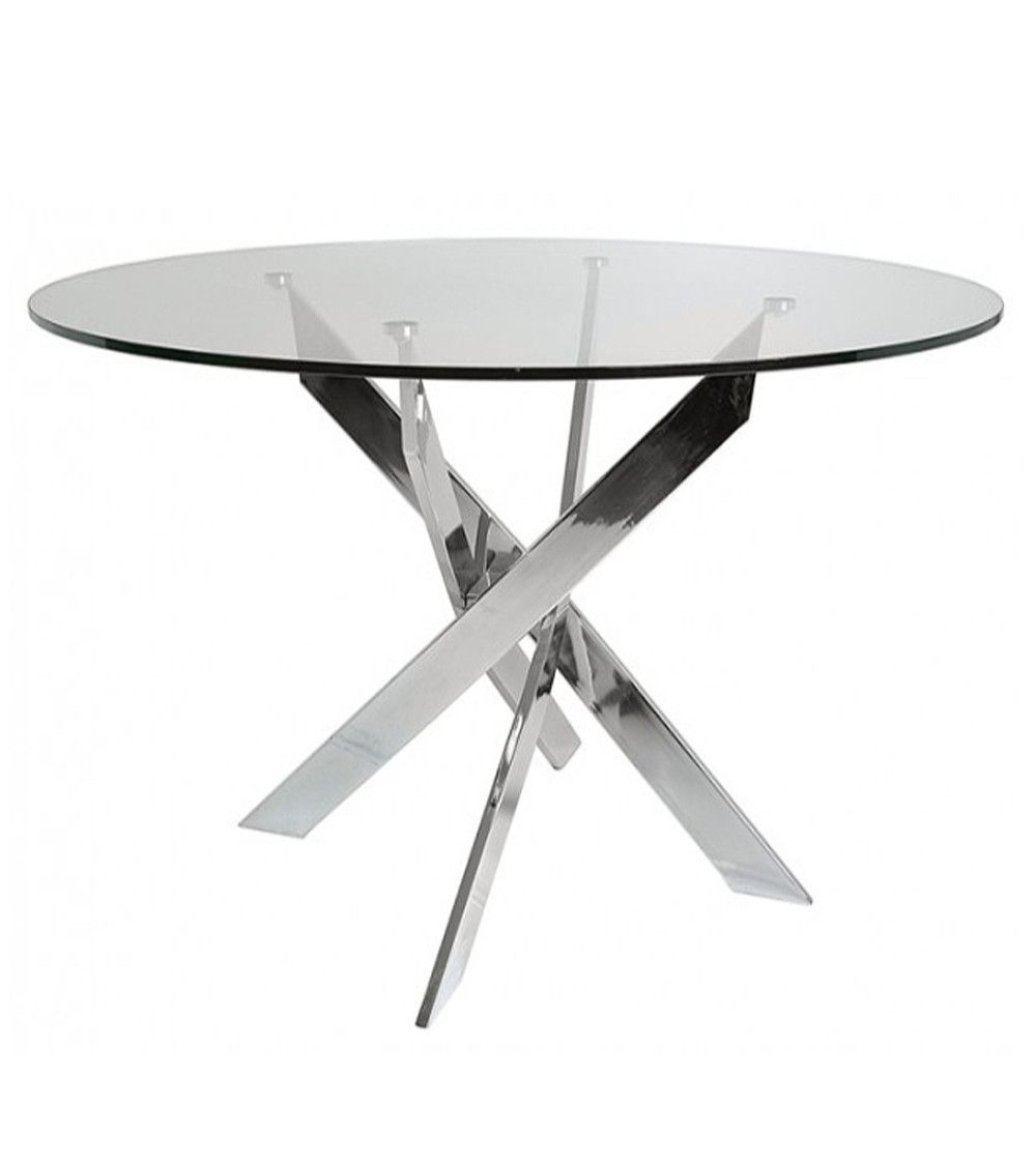 Mesa comedor redonda de cristal DAN patas cruzadas